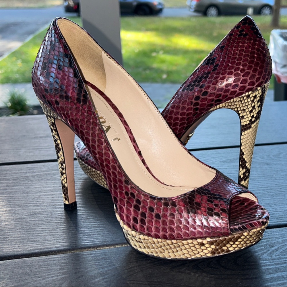 Prada Burgundy and Cream Snakeskin Heels